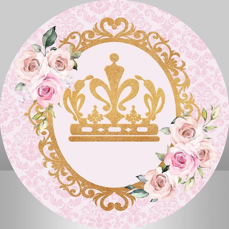 Princess Round Backdrop Gold Crown Pink Flower Birthday Party Girls Circle Background Photo Studio Headboard Plinth Covers