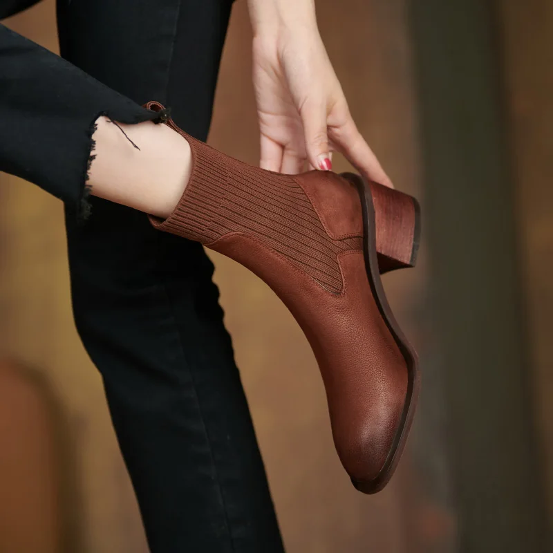 2021 New Retro Chelsea Short Boots Genuine Leather Square Heels Women Socks Ankle Boots Dancing Party Shoes Woman Platform Boots