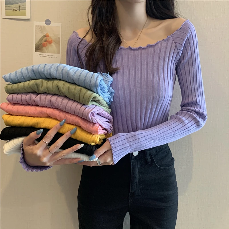 Autumn Slim Pullovers Sweaters Women knitted Full Sleeve Slash Neck Off-the-Shoulder Chic Pullover Sweater Female Real Photos