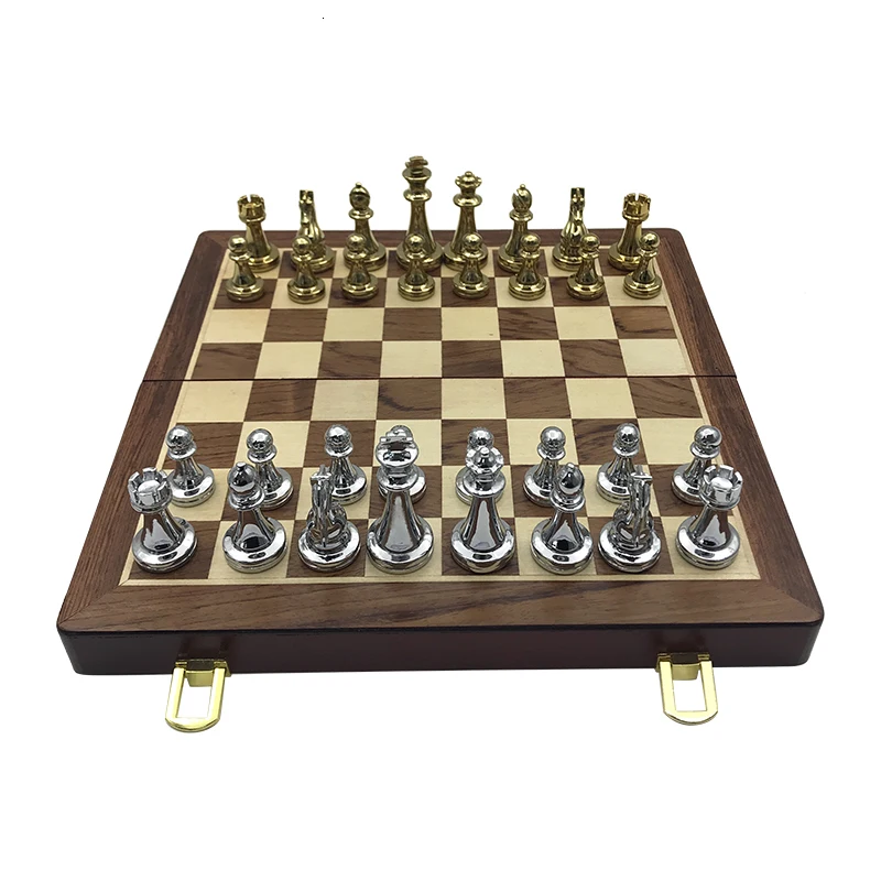 New Wooden Folding Chessboard Retro Metal Alloy Chess Pieces Chess Game Set High Quality Chessboard Gift Entertainment Yernea