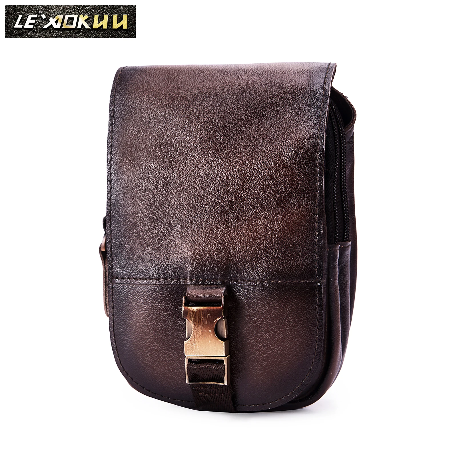 Real Leather Cowhide Retro Men Design Casual Daily Use Small Fanny Waist Belt Bag Hook Pack Fashion 6\