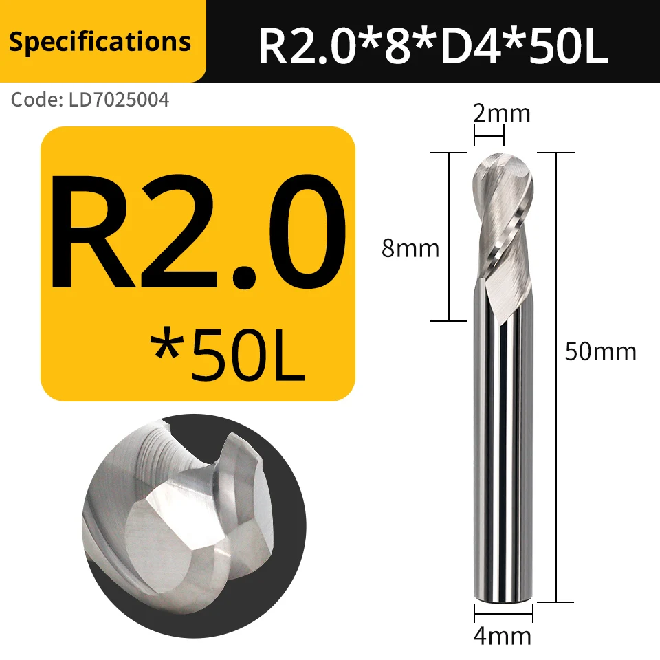 VACK-Fresa de extremo de punta de bola HRC55, fresa de aluminio, carburo, 2 flautas, broca de enrutador de acero de tungsteno, herramientas de corte Cnc R0.5 R1 R2