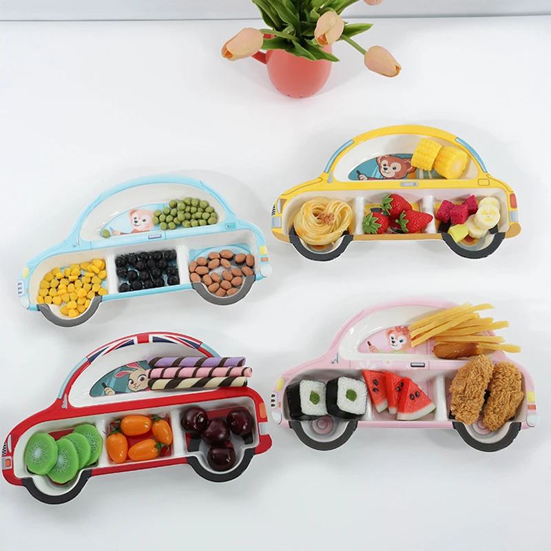 

Cartoon creative imitation ceramic baby car shape feeding tableware divided plate dinner plate set children Christmas gifts