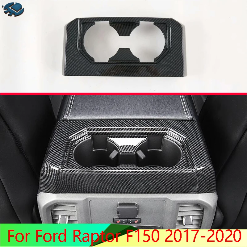 

For Ford Raptor F150 2017-2020 Carbon Fiber Style Rear Seat Drink Cup Holder Chrome Trim Cover Bezel Surround Frame Styling