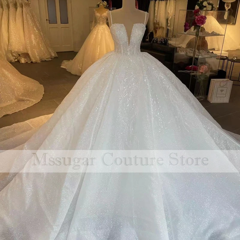 

2021 Stunning Sequin Lace Wedding Dress Beading V-neck A-line Bridal Gowns Robe de mariage