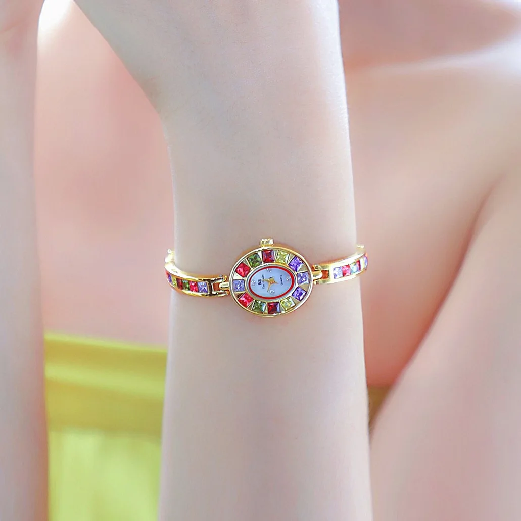 Gradient Rainbow Rhinestone Gem Subdial Mulheres Relógios Relógio Quartz Strap Aço Inoxidável Simples Chic Relógios de pulso Presente Relogio