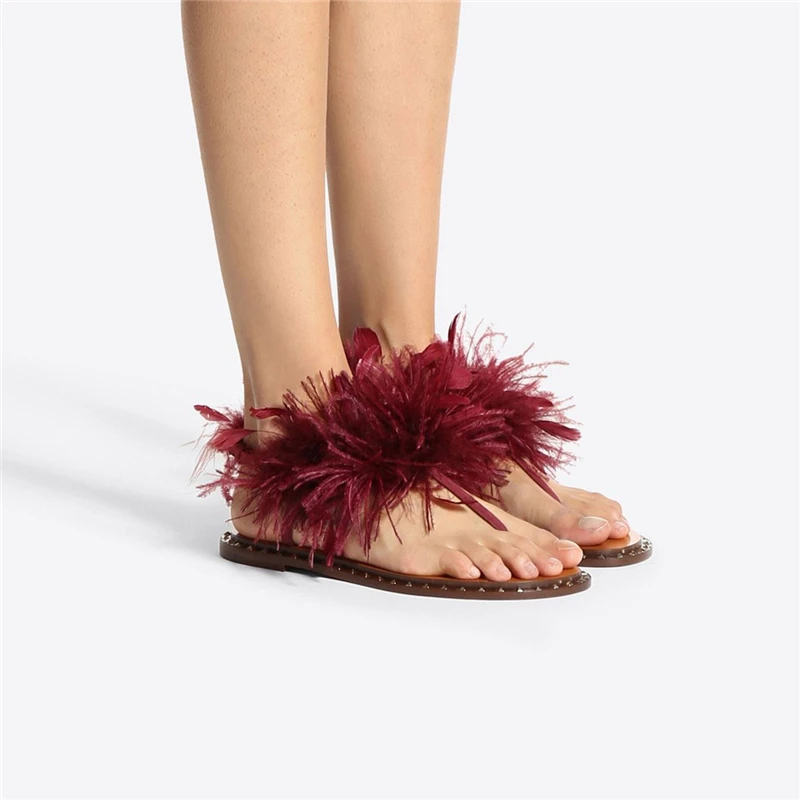 2021 Summer Sandals Catwalk Feather Flats Flip-flops Leather Nails Casual Large Size Beach Shoes Comfortable Shoe Sandalias Slid