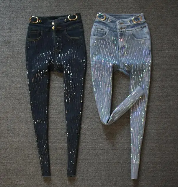 

Night Club DJ Dance Jeans Women Skinny Pencil Pants Shiny Rhinestone Tight Trouser Stage Stripe