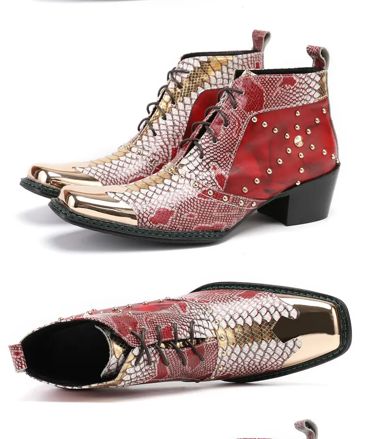 Men's Cowhide Serpentine Print Metal Decor Pointed Toe Belt High‑Heel Short Boots Western Cowboy Boots For Stage Show Party