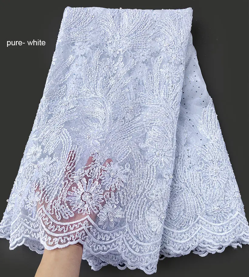 Excellent Pure White Embroidered African Sequins French Lace Tulle Fabric Nigeria Sewing Clothes for Celebrants Wear