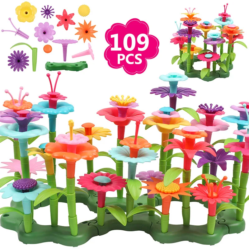 

109 PCS Flowers Garden Building Toys Build Bouquet Stacking Toy DIY Assembly Floral Arrangement Playset for Kids Age 3+