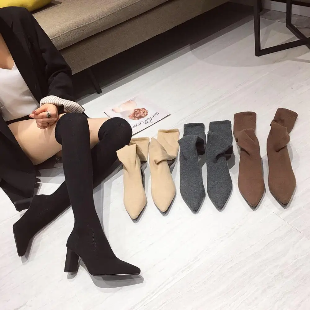 Women Sock Boots Over The Knee Pointed Toe Elastic Fabric Boots Woman Slip On Thick High Heels Stretch Boots Woman Black Brown