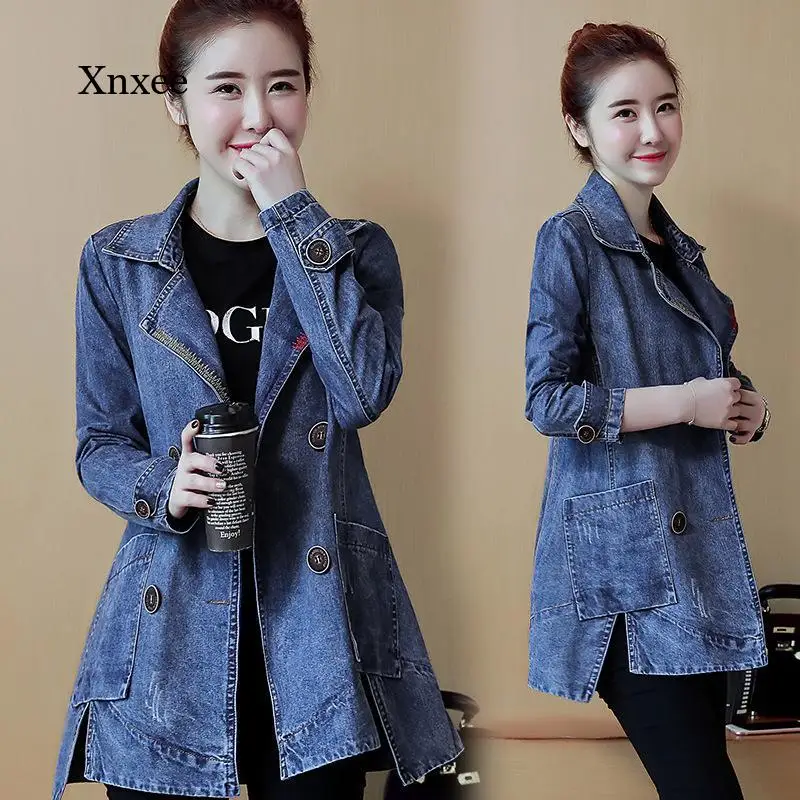 

2021 Women's Autumn and Winter New Women's Denim Jacket Retro Casual Double-Breasted Long Mid-Length Jeans Jacket Lapel Collar J