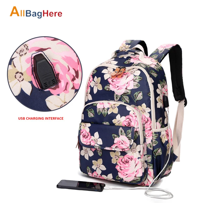 

New Floral Print USB Charging Backpacks Women Nylon Waterproof School Bag For Teenage Girl Casual Laptop Travel Backpack Female