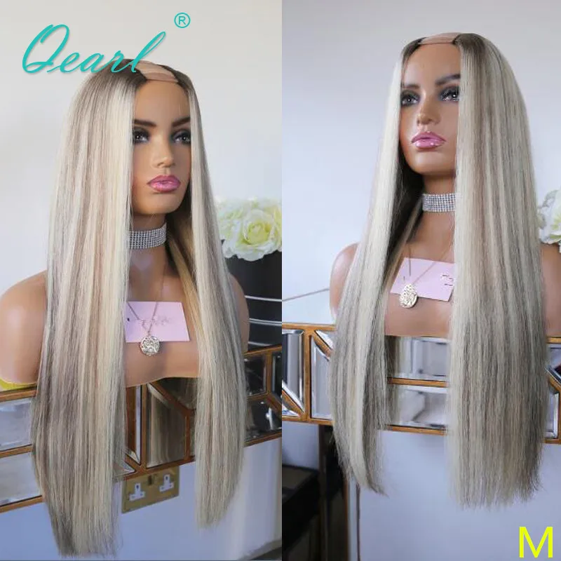 Grey Ashy Blonde Highlights Color U Part Wigs Silky Straight Real Human Hair Wig Thick 200% 2x4 Ombre Colored Cheap Wig Qearl