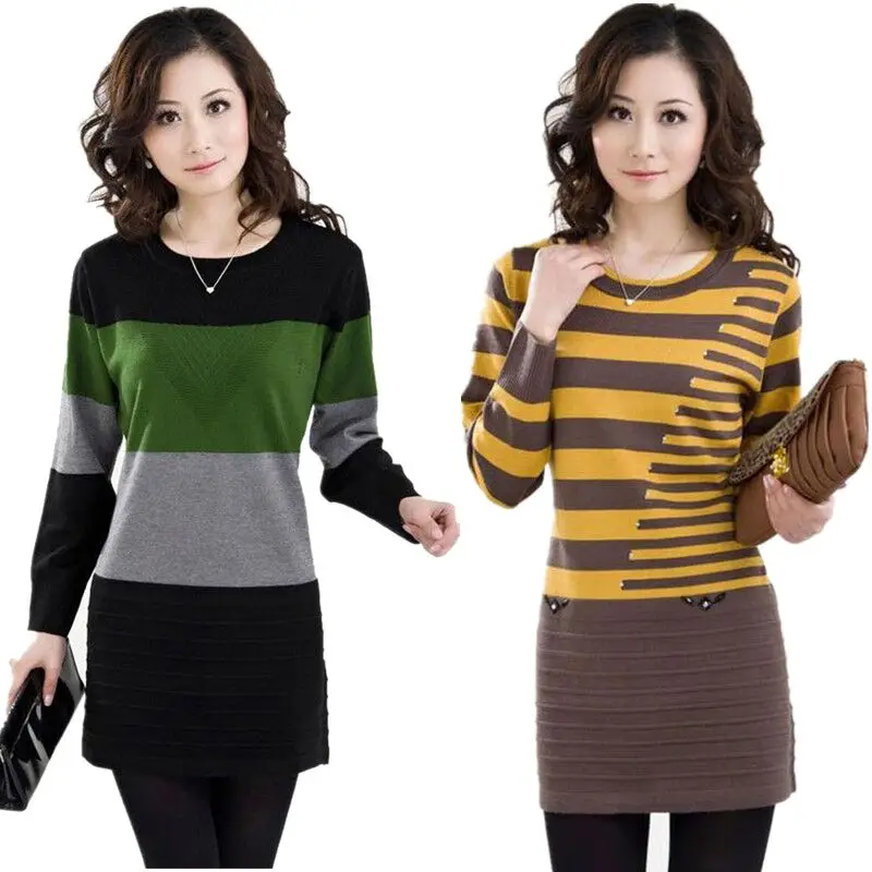 2024 Autumn Winter Women Knitting Sweater Fashion Stitching Striped O neck Pullover Long Sweaters Female Casual Bottoming shirt