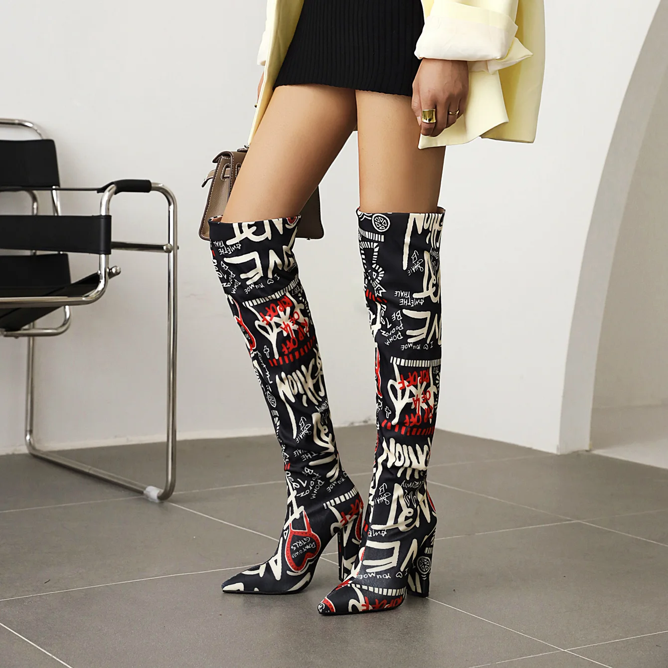 Printed Dyed Fabric Trendy Thick Heel Pointed Toe Over-The-Knee Boots Graffiti Print Flower Camouflage Ethnic Pattern Boots