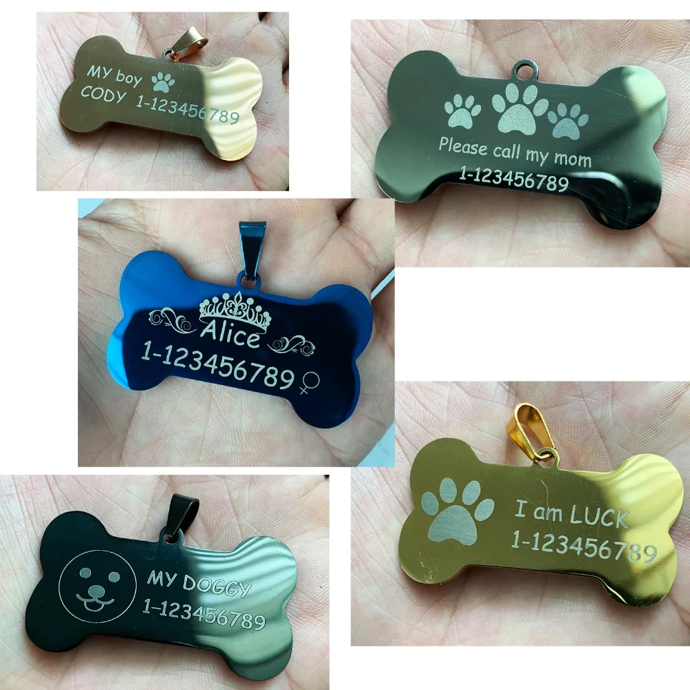 Customized Engrave Pet Name Stainless Steel Pendant Bone Shape Pet Dog Cat ID Tag Accept 1pcs Customize VD-001