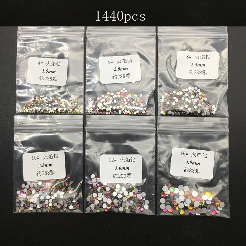 

1440Pcs Mix size Glitter Rhinestones Crystal Clear Non HotFix FlatBack Glass Nail Art Rhinestones Shiny Nail Drill