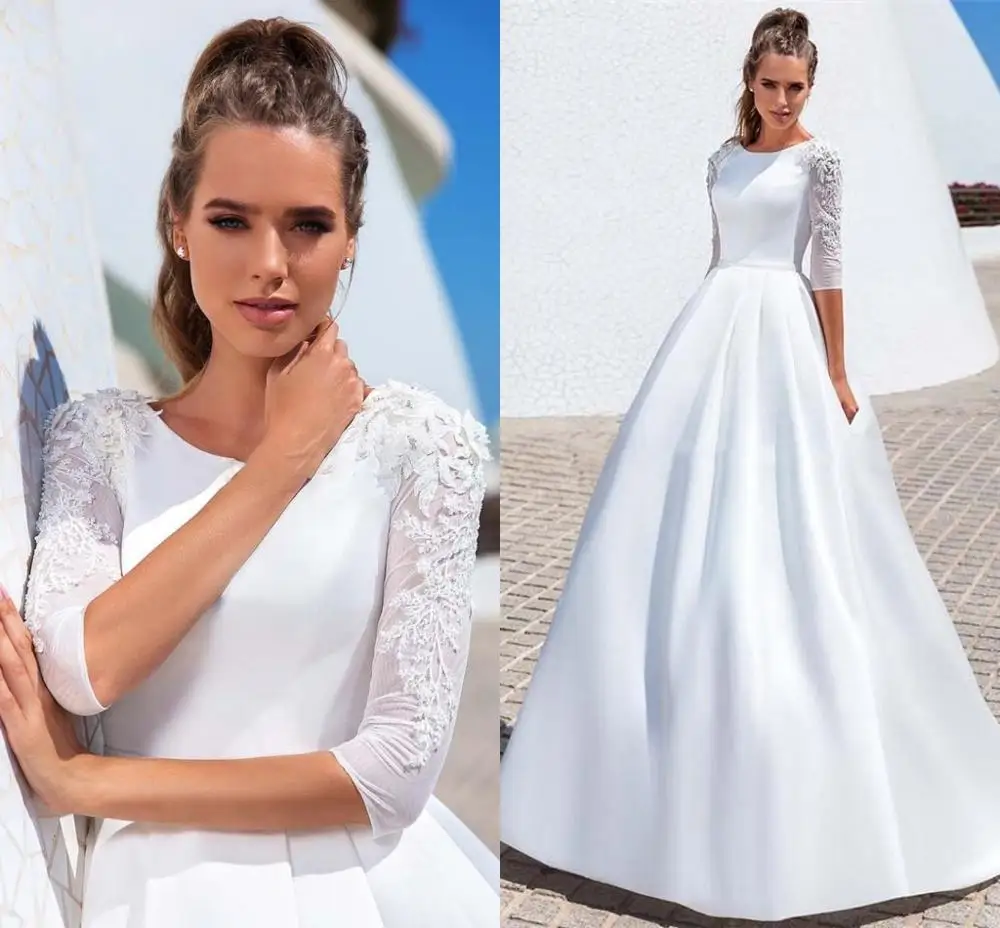 Vestidos de novia elegantes de media manga con apliques de encaje 2025, tren de barrido de satén con cordones en la espalda, vestidos de novia modestos de novia