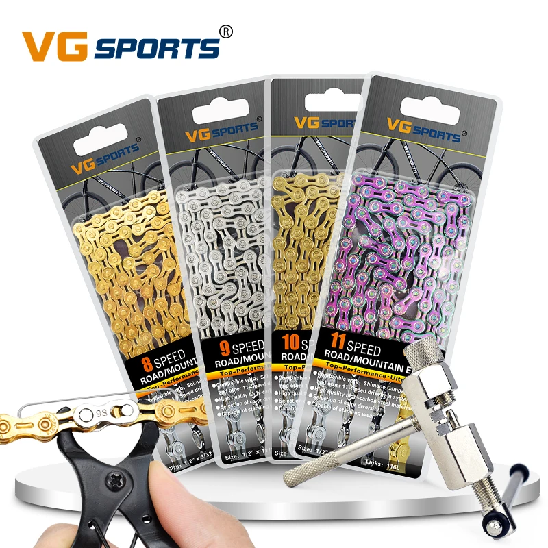 VG Sports 8 9 10 11 Speed Bicycle Chain Half/Full Hollow 116L Mountain Road Bike Chain +Chain Quick Link Tool + Cutter Tool Set