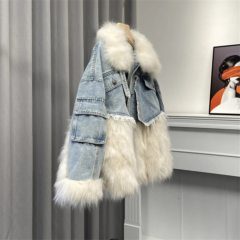 2023 Winter New Patchwork Fur Denim Parka for Women Fashion Chic Genuine Raccoon Fur Coat Lady Short Furry Jacket High Quality