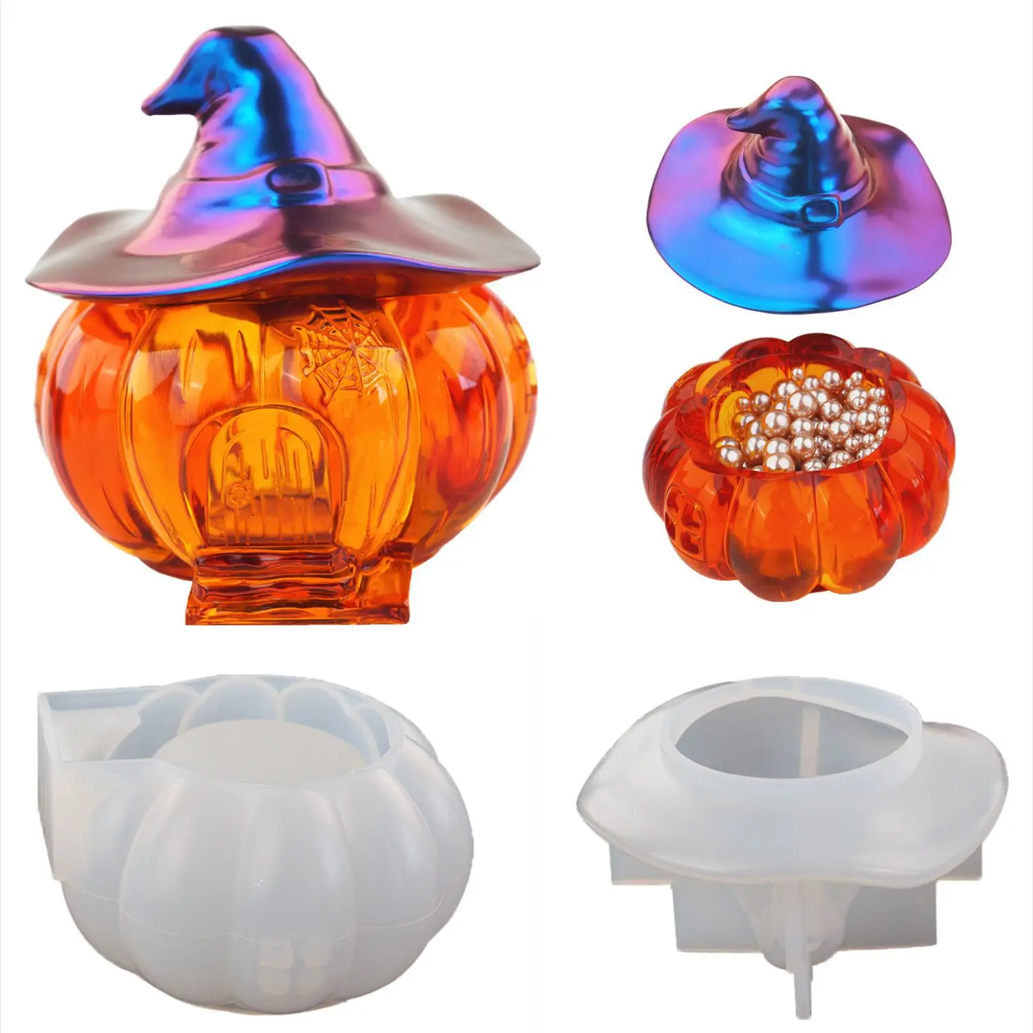 

DIY Halloween Witch Pumpkin Cottage Elf House Storage Box Mold Bottles Candy Box Mirror Silicone Molds For Resin Pot Mould