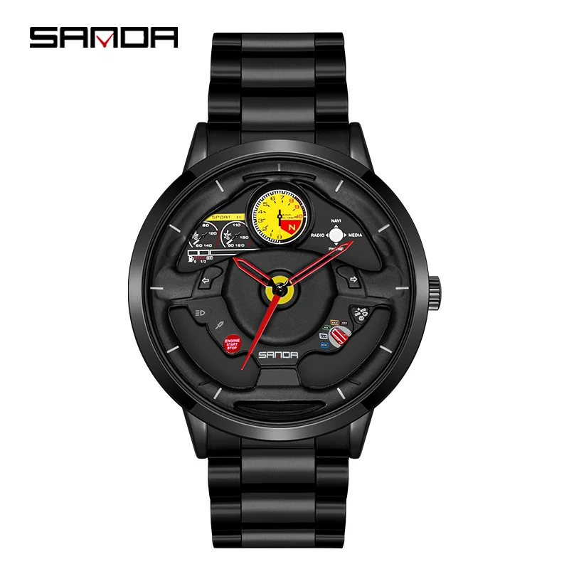 Innovative Skeleton Watch Men\'s Sports Car Steering Wheel Waterproof Stainless Steel Watch Quartz Brand Wristwatch