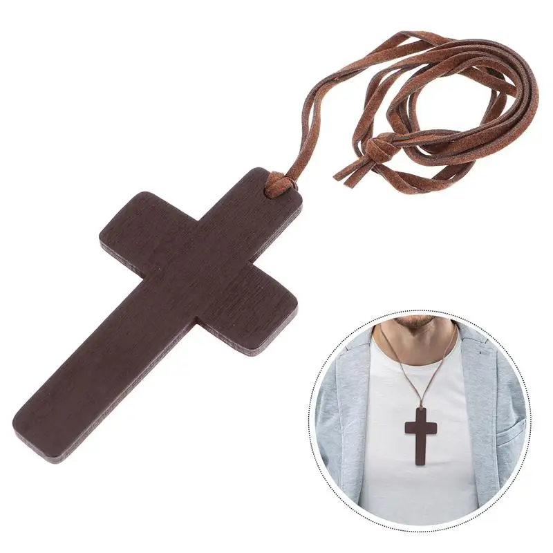 12pcs Natural Wood Cross Pendant Necklace Handmade Wooden Crosses Crucifix Necklace Pendant Ornaments For Women Men