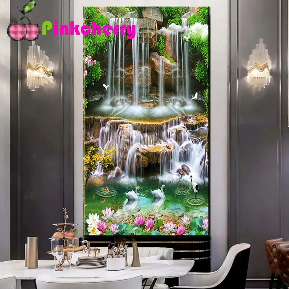 Waterfall Swan Lotus Landscape DIY Diamond Embroidery d Diamond Painting Mosaic Kits Sale Picture Of Rhinestones Wall Art k1445