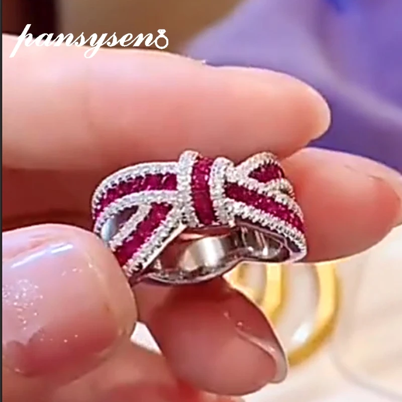 

PANSYSEN Luxury 100% 925 Sterling Silver Sweet Bowknot Red Ruby Diamond Ring Wedding Engagement Female Gemstone Rings Wholesale