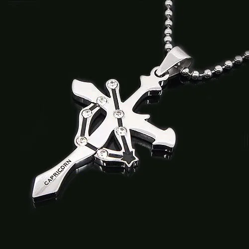 Fashion 12 Zodiac Signs Constellations silver color Cross Pendants Necklace For Women and Man Stainless Steel Crystal Jewelry