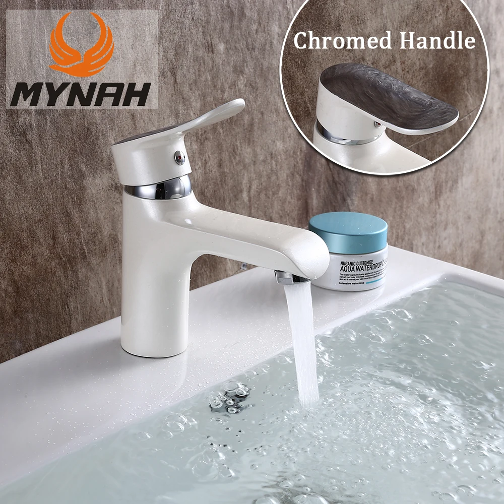 MYNAH Unique White Cold and Hot Basin Faucet Chromed Handle Bathroom Water Taps Mixer