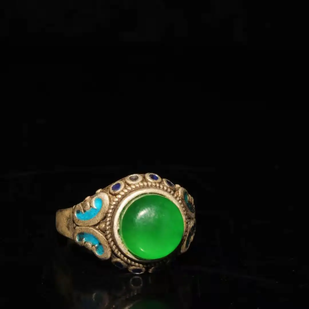 

Collection Chinese old Tibetan silver cloisonne inlaid greenstone jade ring