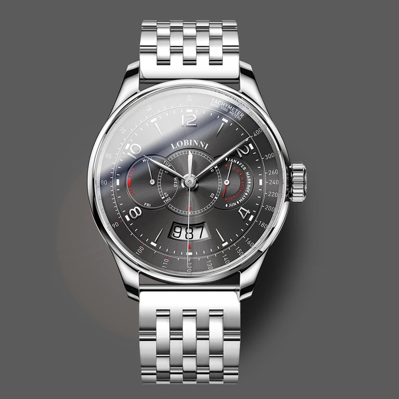 LOBINNI Luxury Dress Men Multi Function Watch Genuine Leather Strap Rose Gold Business Automatic Mechanical Watch