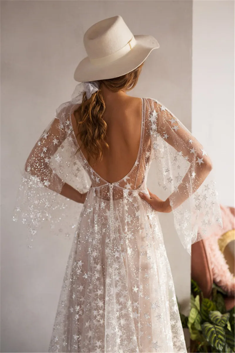 Glitter Starry Tulle Wedding Dress Boho Puff Sleeves Bridal Gowns Backless Bride Dresses Mermaid Satin Wedding Party Gowns 2021