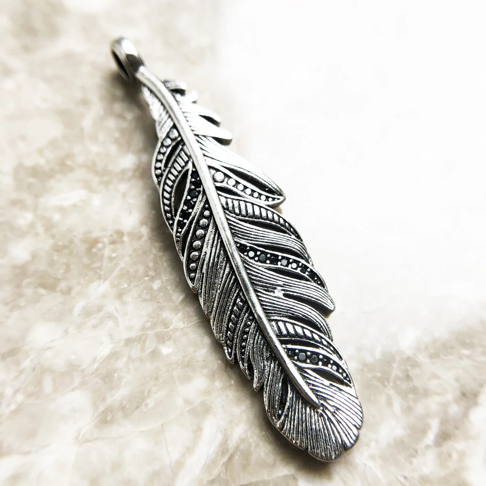 Pendant Black Feather Brand New Fine Jewelry Europe 925 Sterling Silver Accessories Vintage Gift For Women Men