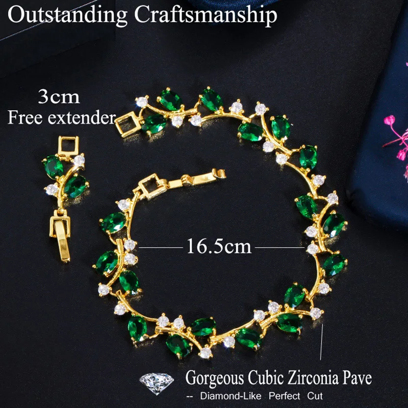 Pera Elegant Leaf Dazzling Green CZ Stone Yellow Gold Color Tennis Charm Bangle Bracelets for Women Pageant Party Jewelry B179