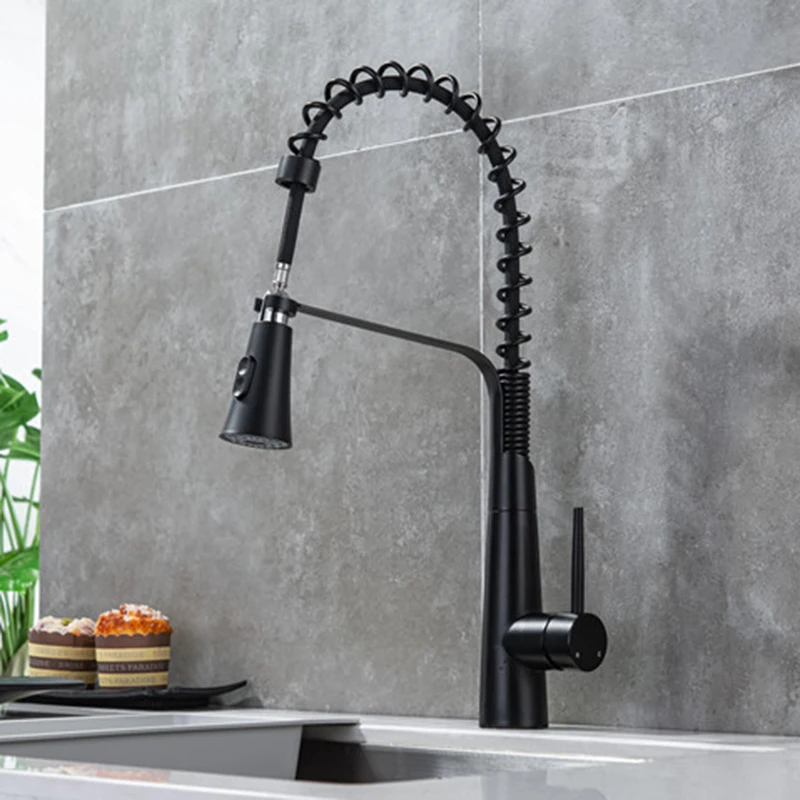 

Pull Out Kitchen Faucets Black Brass Sink Mixer Taps Hot and Cold Kitchen Crane Spring Spout Single Handle Rotating Kitchen Tap