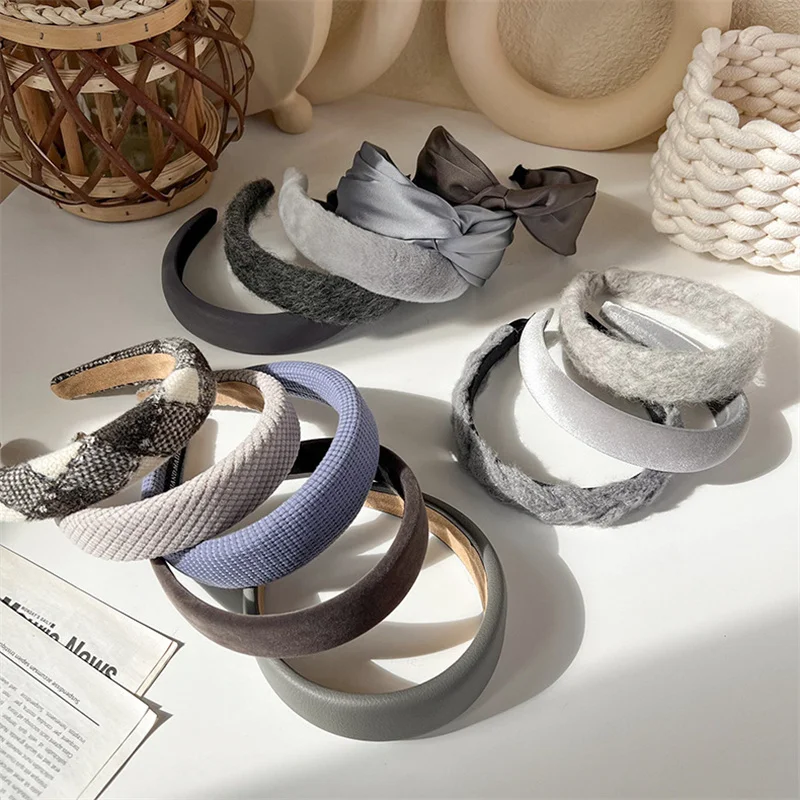 Korea Fashion Gray Series Sponge Hairband Wide Padded Headband Womens Girl Solid Color Knotted Hairbands Hair Hoop Accessories