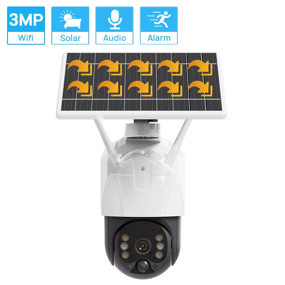 

3MP Solar Panel PTZ Wifi Camera Rechargeable Battery Waterproof Outdoor Wireless Camera PIR Detection Color Nightvision ICSEE