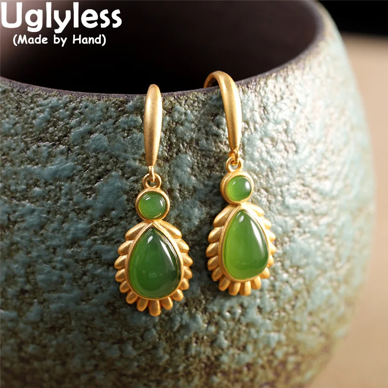 Uglyless Pine Leaves Women Gold Earrings Gemstone Water Drop Agate Jasper Earrings Real 925 Silver Brincos Fashion Dress Jewelry