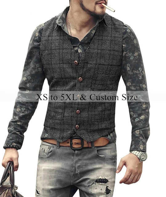 Mens Vests Brown Black Groom Wear Waistcoat Vest Male Plaid Steampunk Jacket Tweed V-neck Gilet Wedding Suits Clothing