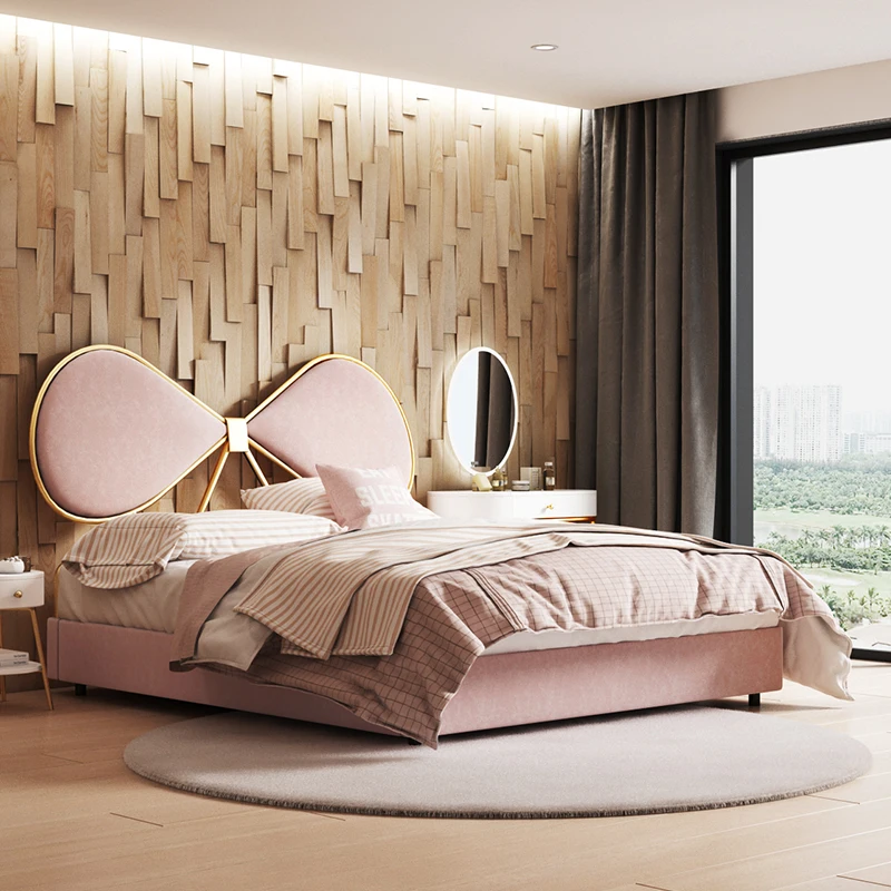 Postmodern minimalist solid wood bed Double bed small apartment master bedroom Hong Kong style light luxury high back