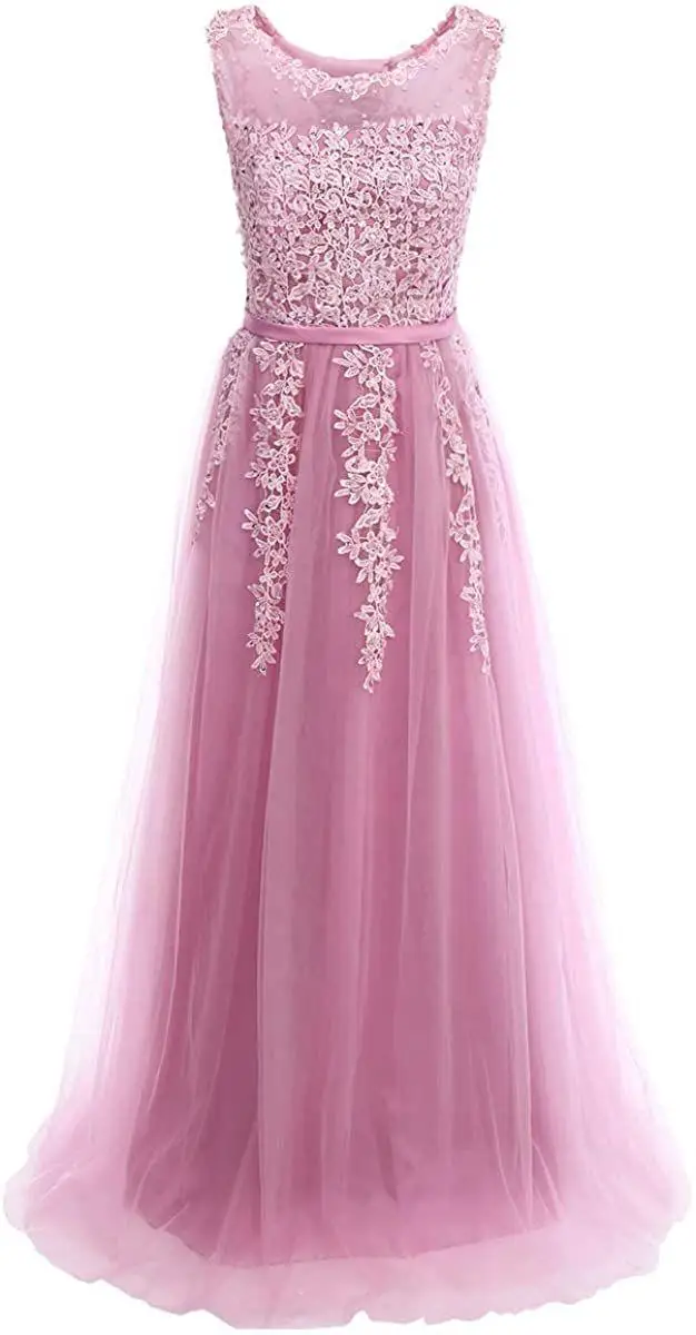 Ladies Elegant Lace Up Applique Floral Evening Long Dress A-line Party Gown Festive Formal Gowns Sleeveless