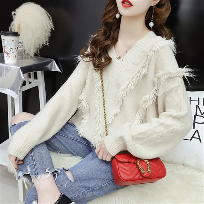 Red Knitting Pullover Tops Autumn Winter Warm V-neck Long Sleeve Casual Female Tassel Sweater Knit Jumper Sweater Casual 2XL