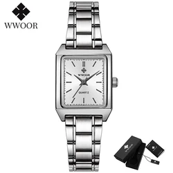 WWOOR Women Small Square Watch Simple Design Luxury Stainless Steel Women Quartz Wristwatch Silver Casual Watches Gift For Women