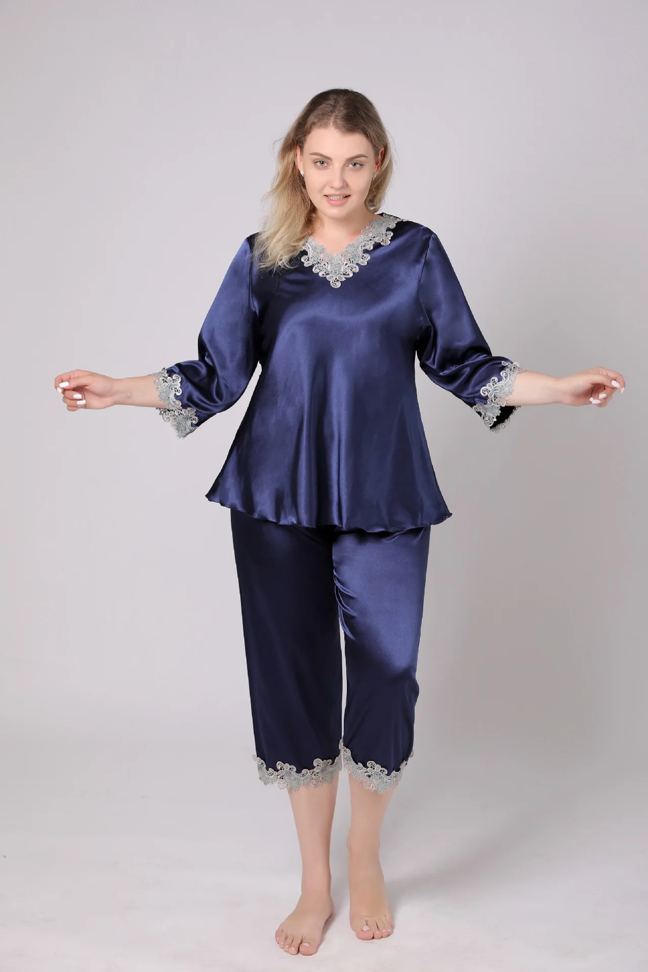 Large Size 3/4 Long Sleeve 2PCS Lady Satin Pajamas Set Sexy Lace Flower Sleep Suit Lounge Sleepwear XL-6XL Lingerie Home Clothes