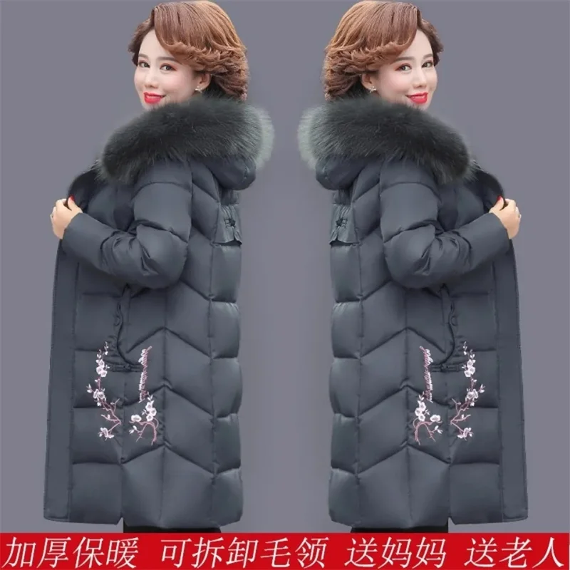 Mother Down Cotton-Padded Jacket Elderly Women's Winter Coat With Hooded Thick Warm Velvet Thickening Long Parkas Embroidered 10