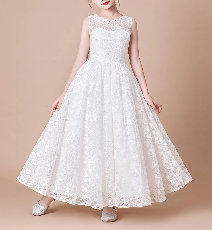 Flower Girl Dress White Embroidered Lace Belt Sleeveless Girl Communion Elegant Dress Vestido De Comunion 2024